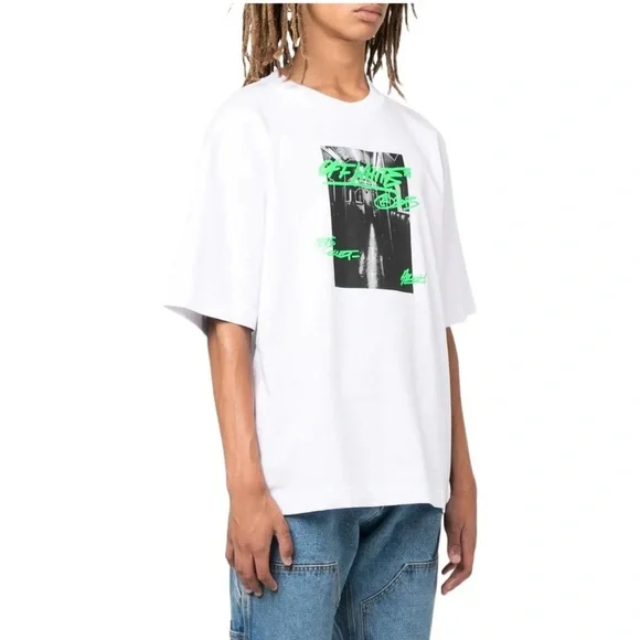 Off-White White Tee with Green Graphic - Picture 3 of 4